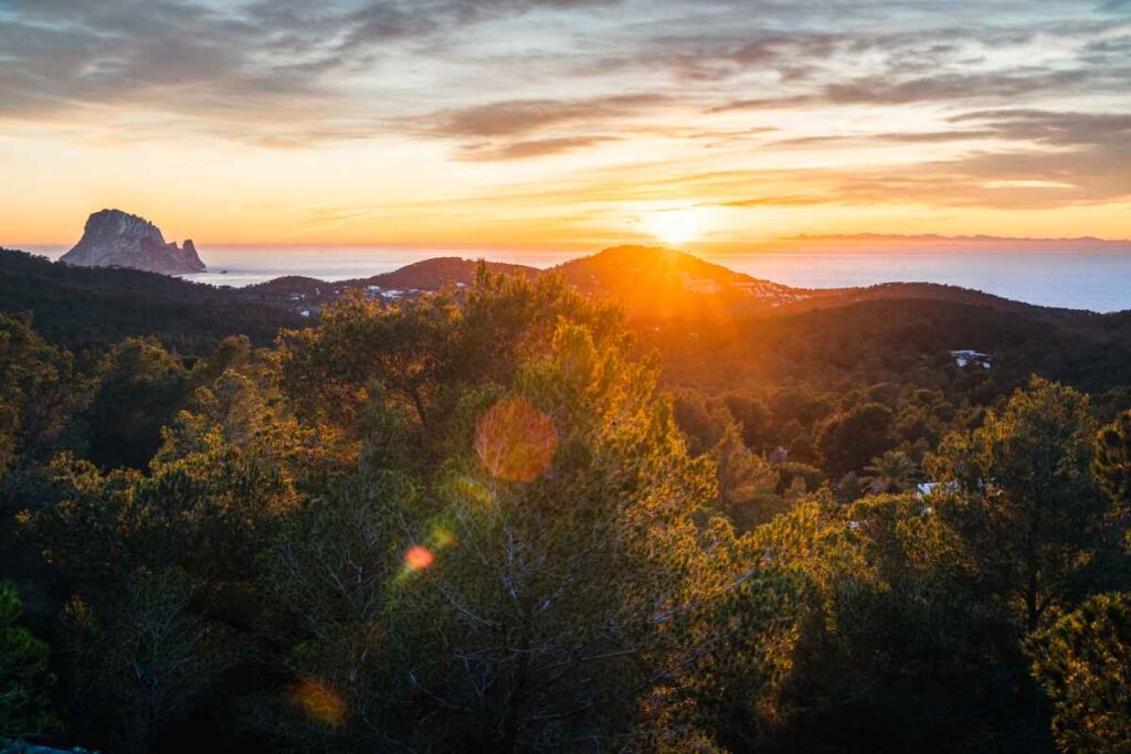 View from the top of Talaia mountain at sunset on the spanish island of Ibiza