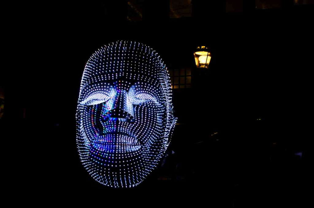 face made of lights in the dark at the amsterdam light festival