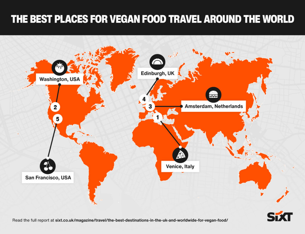 Infographic map highlighting the leading vegan cities around the world.