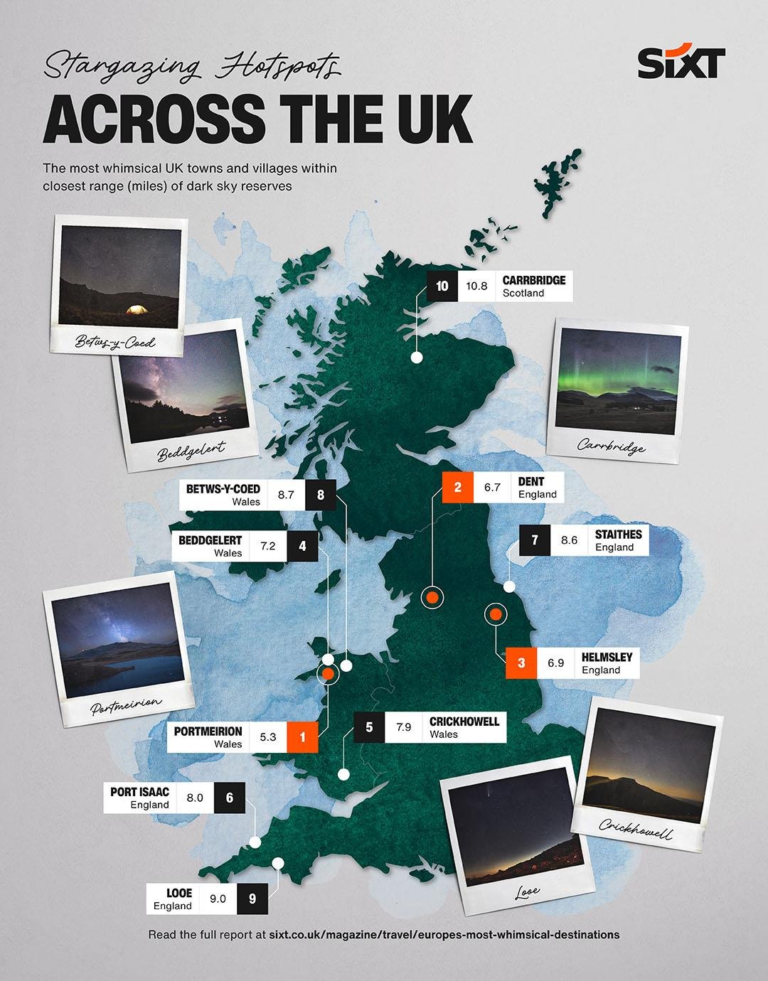 Map of the UK showing the best stargazing hotspots ranked by dark sky score.