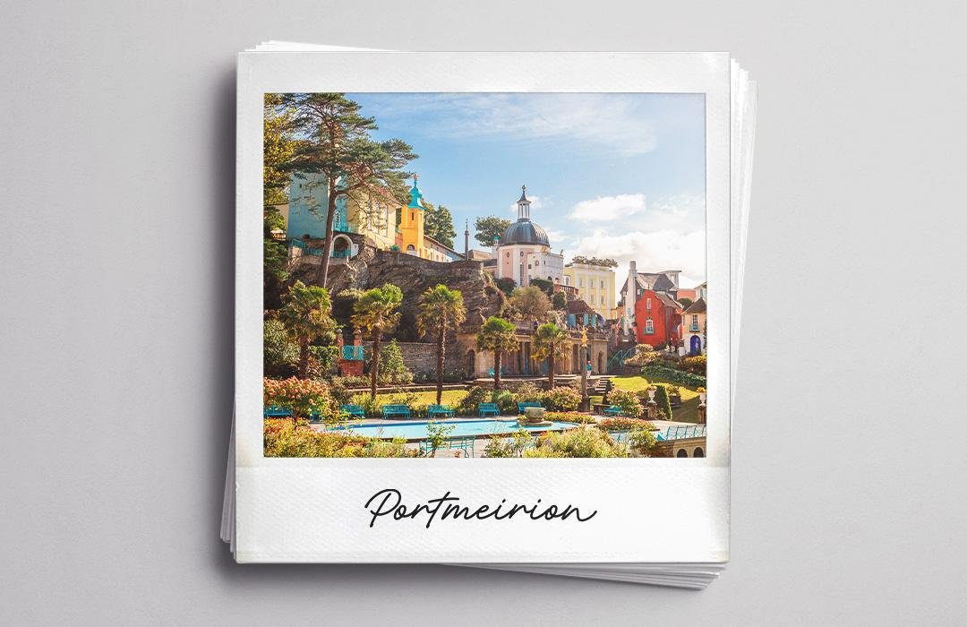 A polaroid photo of the colourful Italianate village of Portmeirion in Wales.