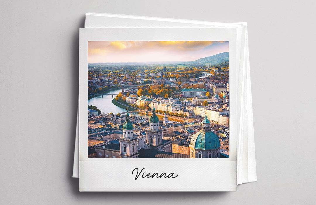 A polaroid photo of the Vienna skyline with a river and historic domes.