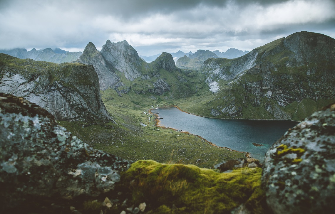 A view from Helvetestinden, near Bunes beach in Lofoten, Norway
