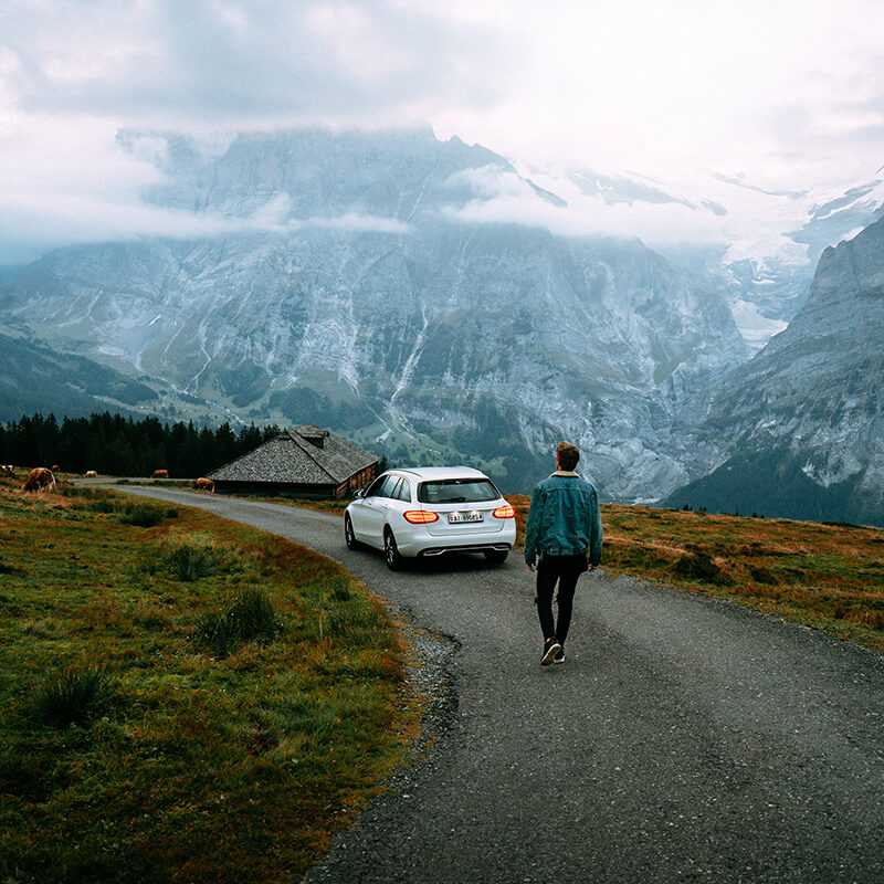 Driving in the Swiss mountains and hiking